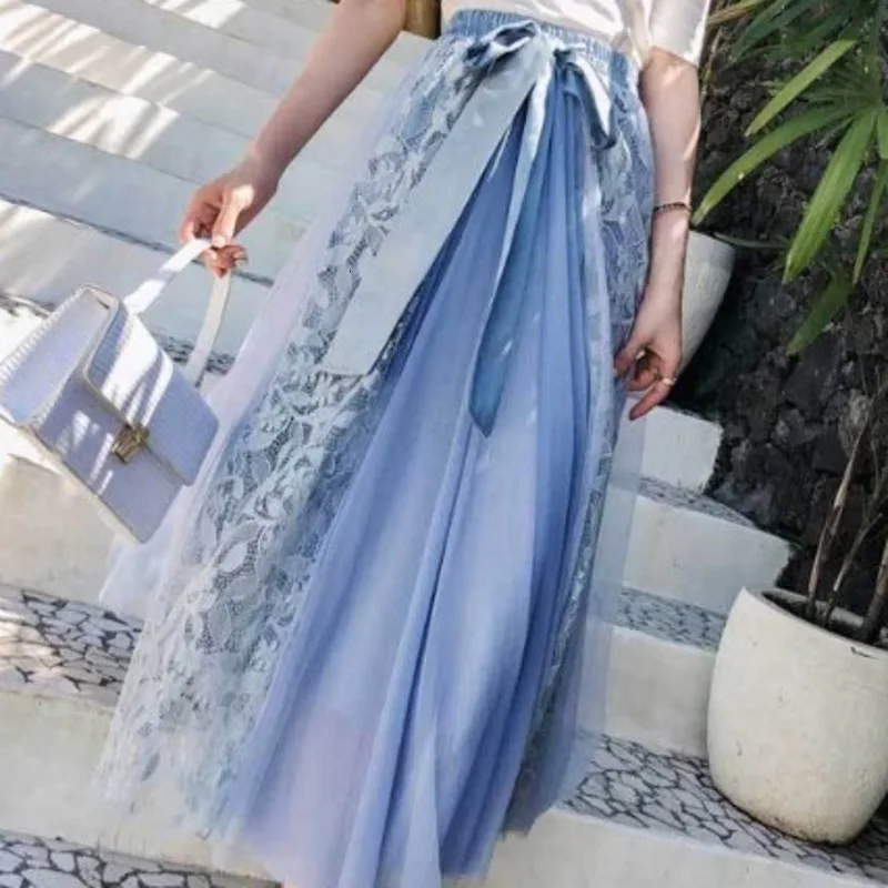 blue SHENGPALAE, новинка весны, Япония, Корея, стиль, для женщин, до середины икры, пэчворк, кружево, с бантом, завышенная талия, прямая юбка, FQ893 - Цвет: blue