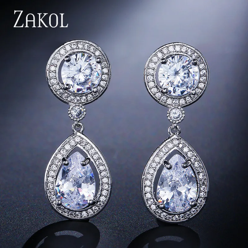 Классические висячие серьги ZAKOL из розового золота и белого кубического циркония