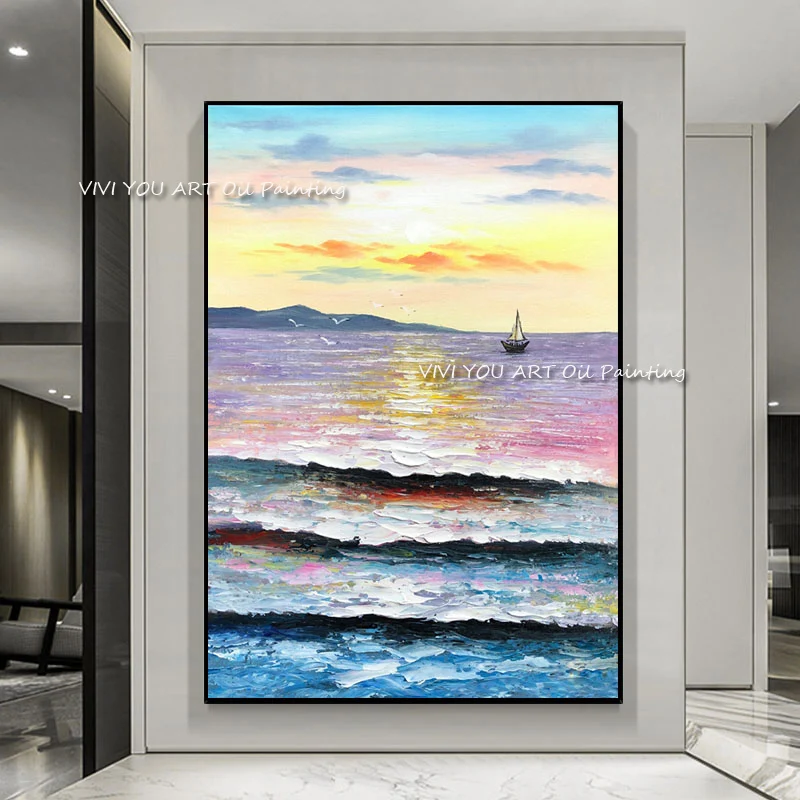 Картина маслом на холсте с изображением заката морского судна ручная роспись