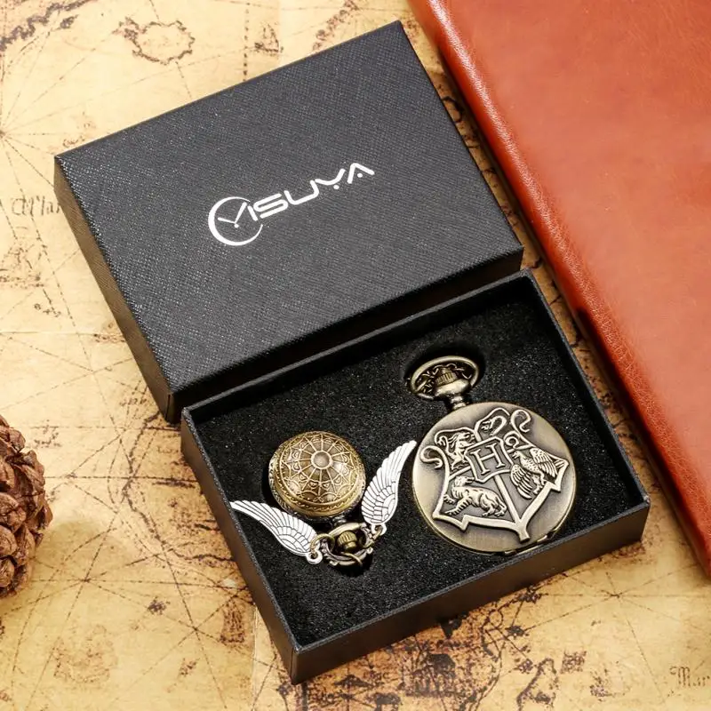 

3pcs/Set Gift Box Antique Two Quartz Pocket Watch Chain Watches Ball Wings Pendant Necklace High Grade Gifts Sets for Men Women
