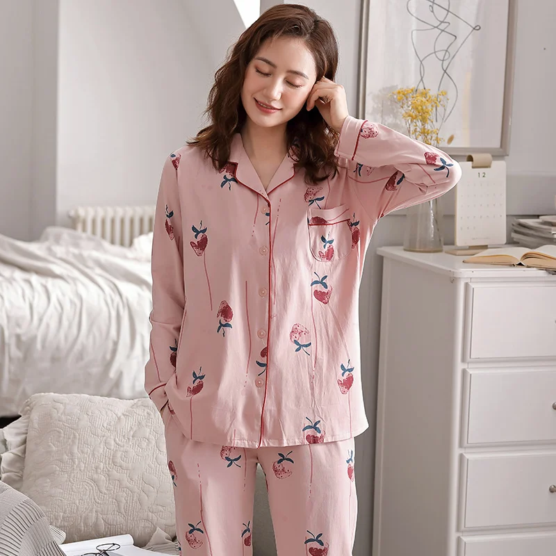 

New Autumn Knitted Cotton Women Pajamas Long Sleeve Turn-down Collar Elegant Womens Pyjamas Plus Size Sleepwear Floral Homewear