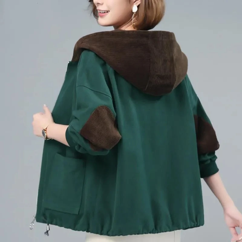 

Color Matching Windbreaker Female New Spring Autumn Short Jacket Loose Plus Size Lined Hooded Outerwear Women Casual Tops AH756
