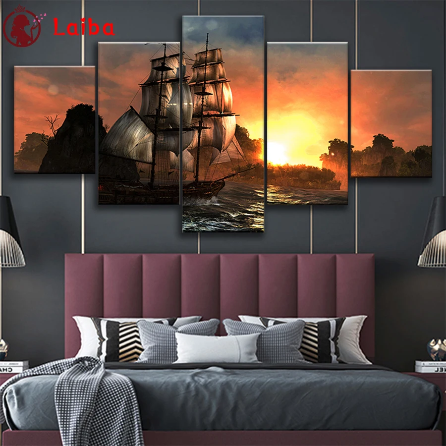 Алмазная мозаика природный пейзаж закат море изображение парусника алмазная