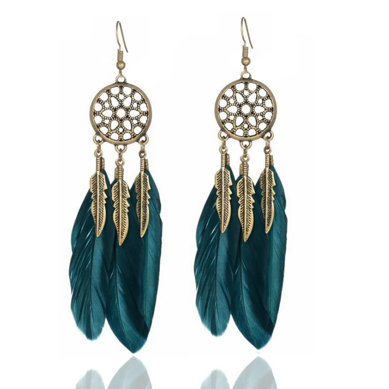 

Pop Bohemian tassel long earrings retro geometric mesh round hollow leaf feather earrings for women