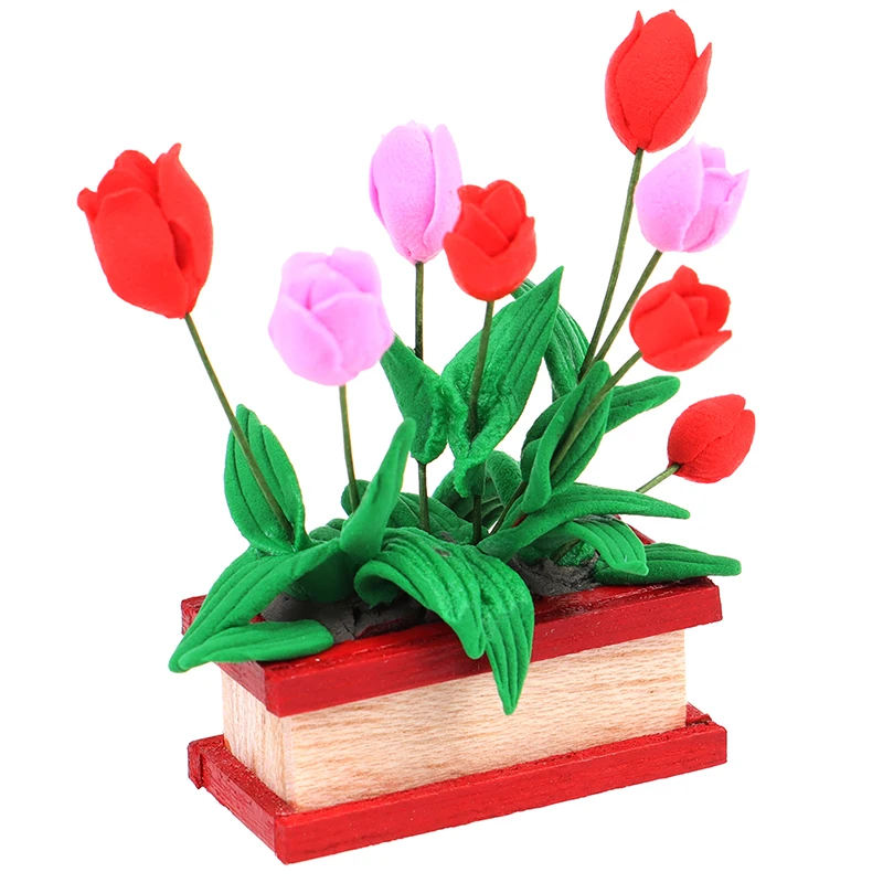Hot sale Mini Model Tulip Flower Pots Wooden Toy House Decoration 1:12 Dolls Furniture DIY Dollhouse Garden Accessories | Игрушки и
