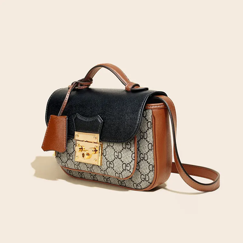 

Genuine Leather Handbags High-End Fashion Lock Small Square Bag Retro Saddle Bag New All-Match Single Shoulder Messenger Bag