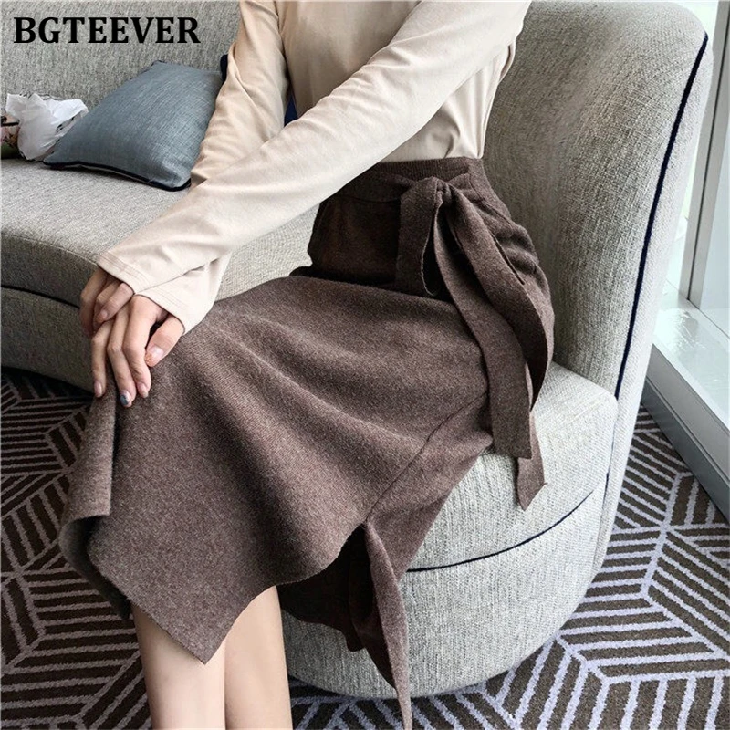 BGTEEVER осень зима толстый женский свитер юбка эластичный пояс на шнуровке женские