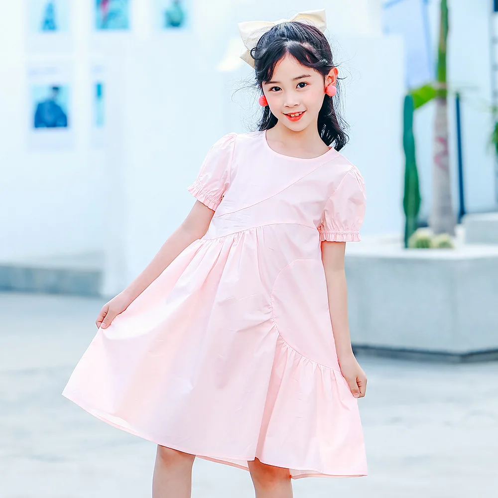 

Летнее розовое детское платье принцессы; Новинка 2021 года; Модное платье с рукавами-пузырьками для девочек