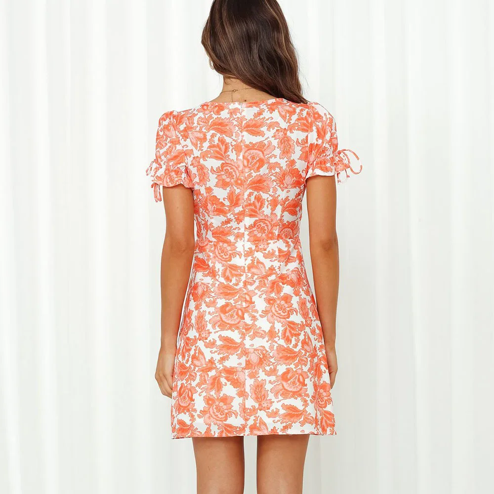 

2021 Summer Elegant Floral Print Dress Women Casual Fashion Short Sleeve V-neck Split Mini Dresses Women Lace-up Beach Dress