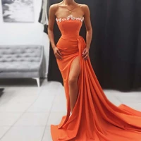 orange elegant fashion sexy moroccan caftan evening dress strapless applique floor length high split with train prom dress