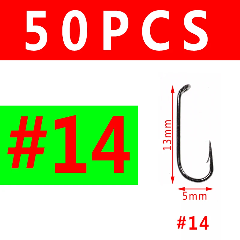 50PCS Size 14 Bimoo 50 шт. Fly Fishing Сухой Fly Hook 2X Стандартный Провод Nymph Hook Черный никель отделка для завязывания мух материал размеры 14 16 18 20 22 - Цвет: 50PCS Size 14