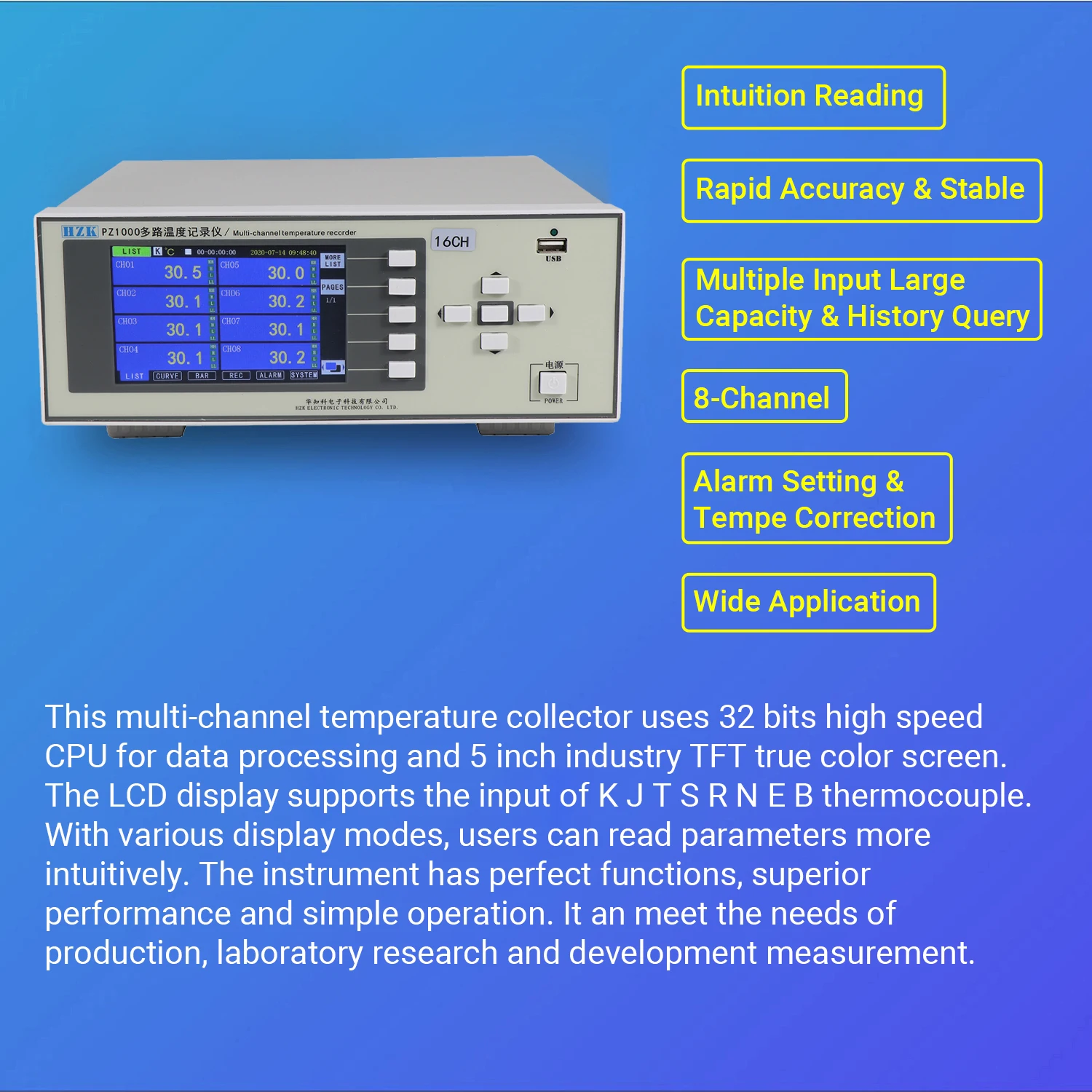 

8-Channel Temperature Tester 5in Multi-channel Temperature Recorder Built-in 8G Memory 3 Display Mode History Query Beeper Alarm