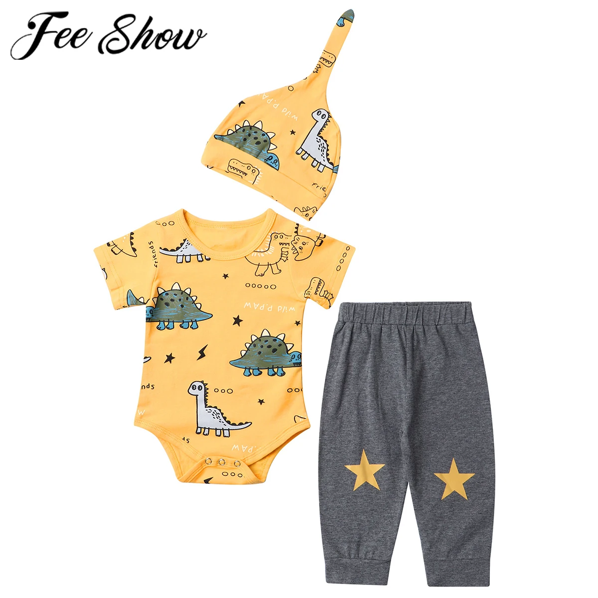 

Cute 3PCS Set Newborn Baby Boy Clothes Lovely Dinosaur Print Kids Cotton Bodysuit Tops Long Pants Hat Outfits Clothes Set 0-18M