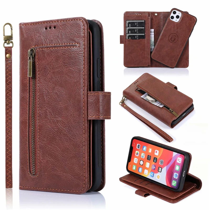 

Luxury 2 in 1 Zipper Wallet Leather Case for iPhone 12 Mini 11 Pro X XR XS Max 6 6S 7 8 Plus Magnetic Stand Cover Card Holder