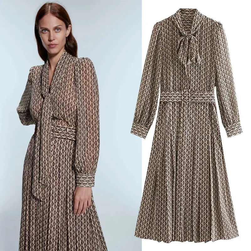 

Женское шифоновое платье с принтом, шифоновое платье в стиле ретро с отложным воротником и длинным рукавом, с высокой талией, весна-осень 2020