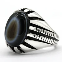 nautal agate ring for men 925 sterling silver evil eye gemstone aqeeq rings powerful paw punk turkish handmade jewelry gift