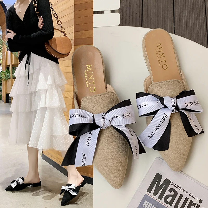 

Spring Autumn Explosion Style Ladies Slippers Outside Lazy Shoes One Foot Without Exposing Toes Half Drag Bow Women Shoes M1-78