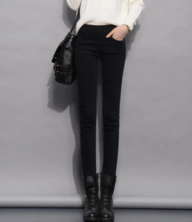 Кашемировые зимние теплые джинсы женские черные с высокой талией для девочек