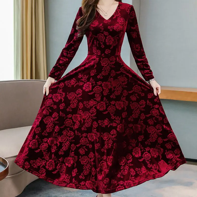 

Casual Women Boho Dress Elegant Floral Print Dress Autumn Loose Long Dress Vestidos