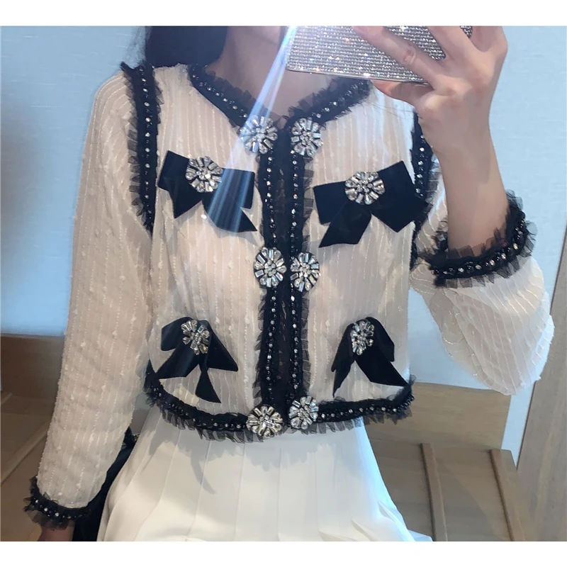 

New Autumn Socialite Joker French Retro Short Coat Chiffon Top Diamond Bow Thin Jacket Overcoat Cardigan