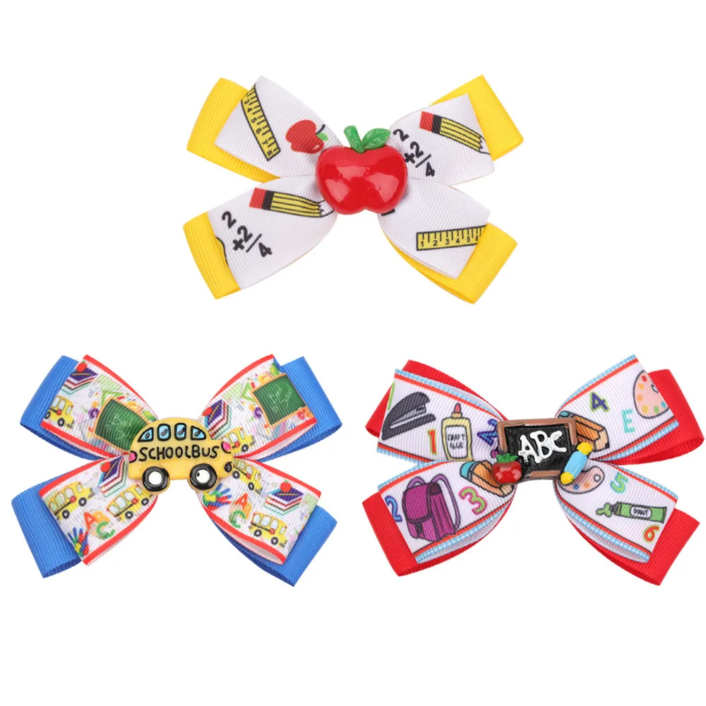 

CN 1PC 4" Boutique Back To School Hair Bows For Girls Kids School Bus Printed Ribbon Hair Clips Student Hair Accessories