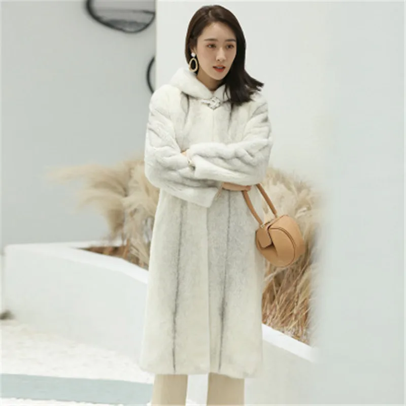 New imitation mink coat women's long section thick warm hooded fur loose large size high-end Solid color jacket 844 | Женская одежда