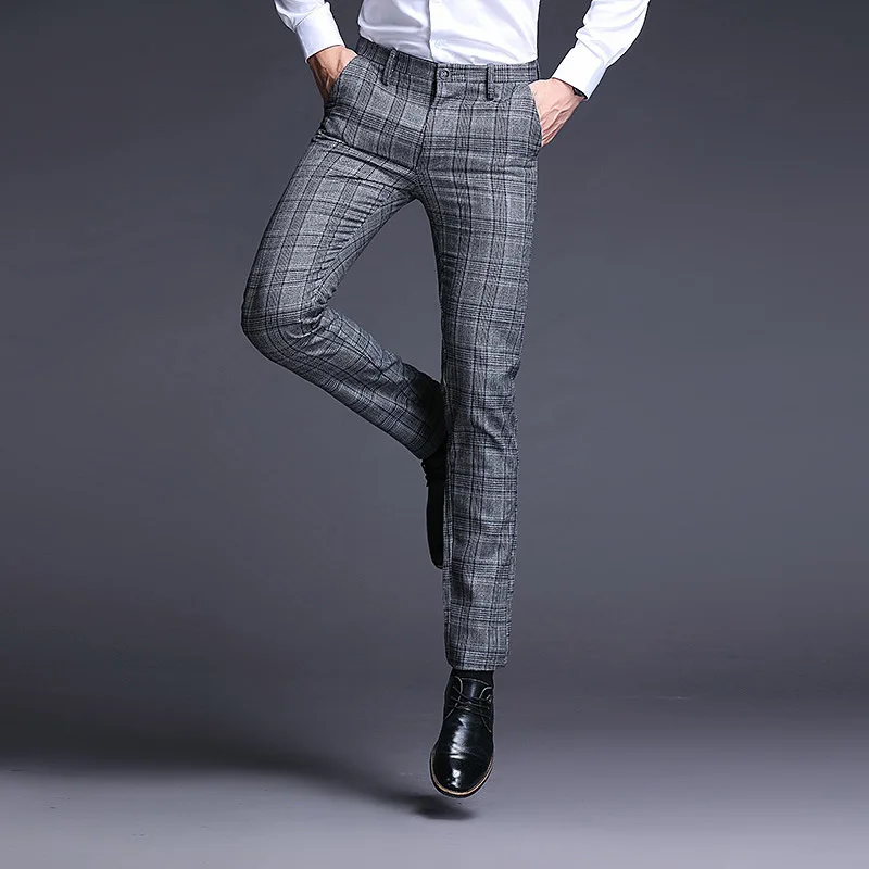 

Dress Trousers Plaid Men Stretch Skinny Men Suit Pants Length Formal Business Summer dress Pants for men Trousers