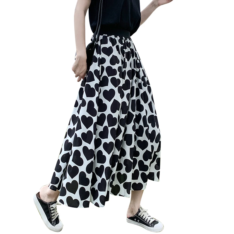 

Korean Fashion 2021 New Spring Summer Women High Waist Slim Long Skirt Sweet Love Print Big Hem Chiffon Skirt