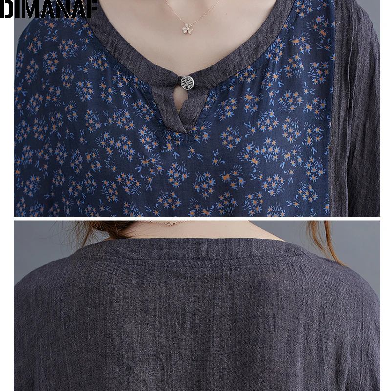 

DIMANAF Autumn Dress Long Sleeve Oversize Women Clothing Vintage Floral Print Cotton Linen Elegant Lady Casual Loose Long Dress