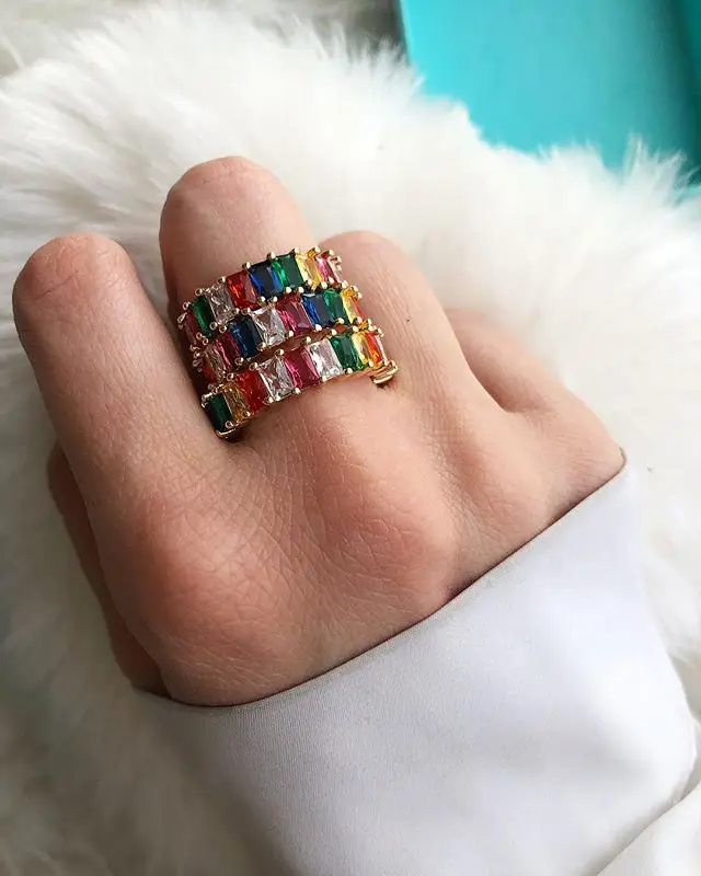 Модное позолоченное Радужное квадратное обручальное кольцо багета с фианитом