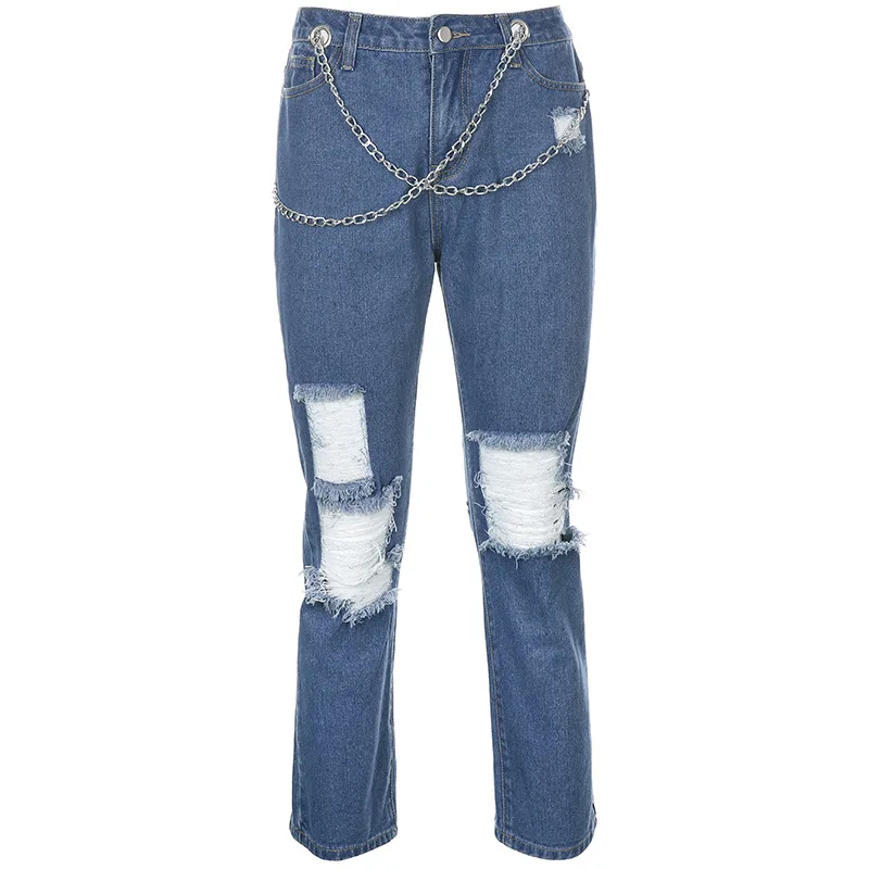 

High Waist Chains Hole Jeans Women Y2K Harajuku Hip Hop Boyfriend Denim Pants Streetwear Casual Hollow Ripped Straight Trousers