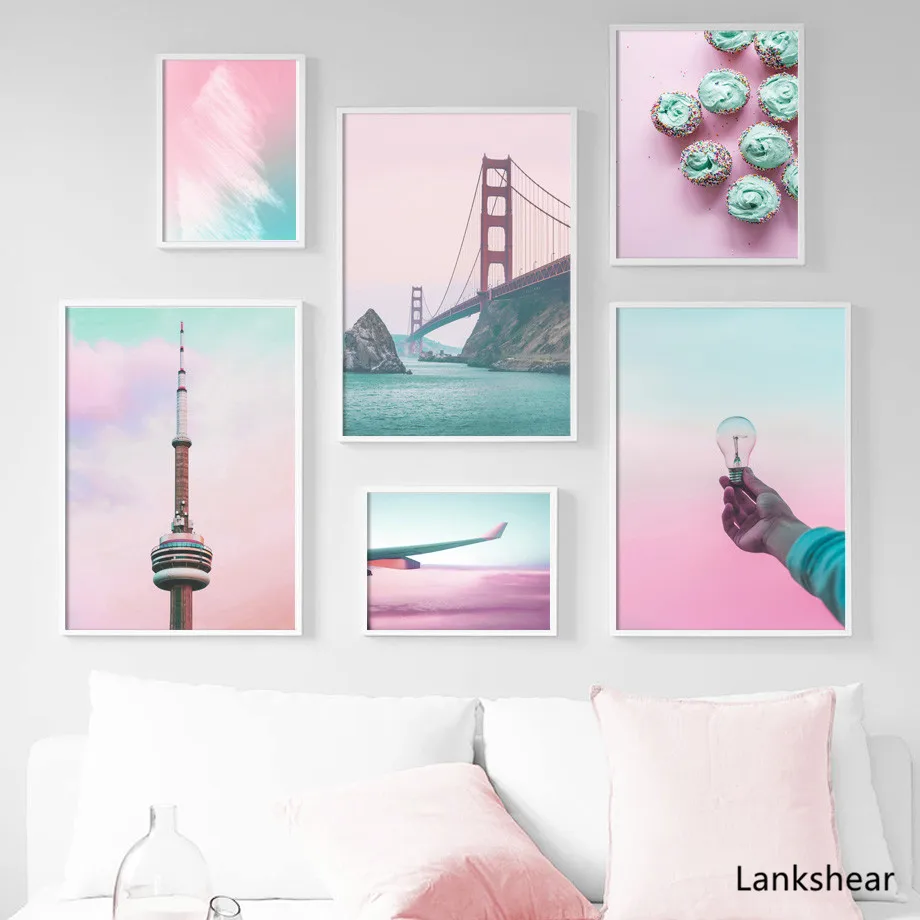 Настенная картина с изображением золотых ворот моста розовых облаков башни