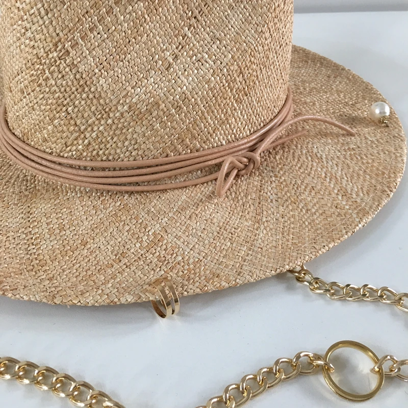 

2021 new arrival summer raffia sunhat for women with chain and pin straw Panama Hat free shipping Fedora