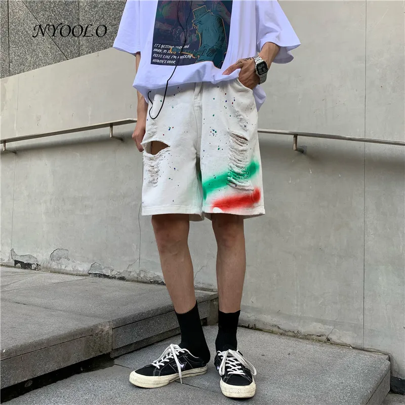 

NYOOLO Novelty Design Broken Hole Spray Paint Tie Dye Elastic High Waist Washed Denim Shorts Women Men Summer Streetwear Clothes