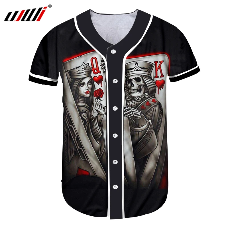 

UJWI Custom Baseball Jersey Print Skull Queen And King Poker 3D Button T-shirt Man Hip Hop Gyms Uniforms Shirts Casual Tshirt 5X