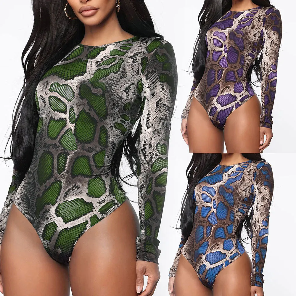 

Snakeskin Bodysuits Rompers Playsuit High Turtleneck Long Sleeve Python Print Sexy Lady Spring Casual Clothing New Women 2021