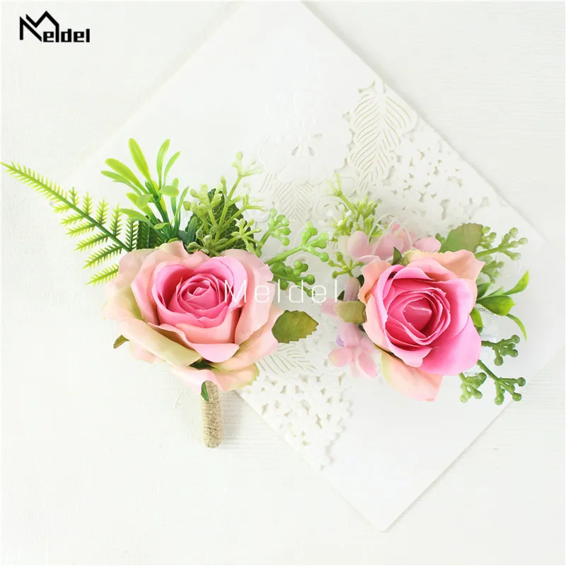 Meldel Boutonniere and Wrist Corsage Artificial Flower Silk Rose Pink Wedding Girl Bracelet Men Brooch Pins Groom |