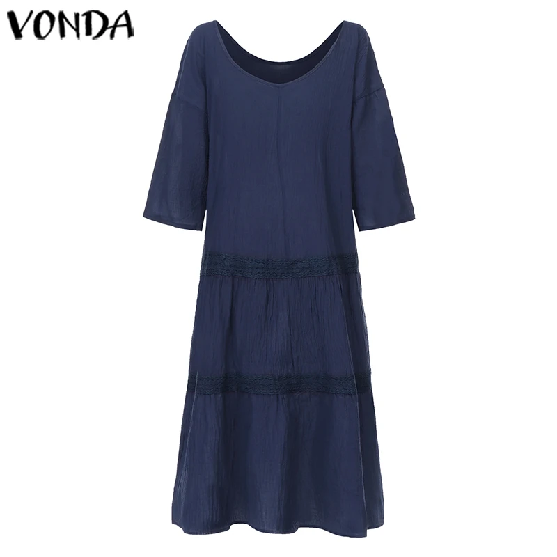 VONDA женское платье с коротким рукавом и круглым вырезом, однотонная хлопковая рубашка, свободное платье с оборками, длинное платье макси, большие размеры, вечерние платья