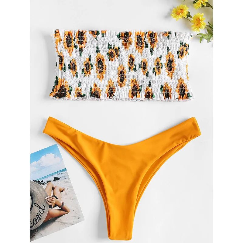 Женский купальный костюм бандо бикини без бретелей с цветочным принтом низкой