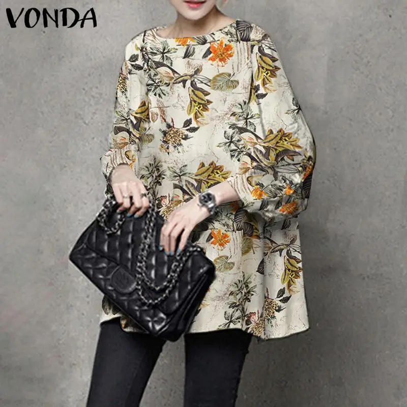 

VONDA 2021 Retro Shirts Women Autumn Casual O Neck 3/4 Sleeve Office Tops Vintage Print Cotton Blouse Bohemian Blusas Femininas