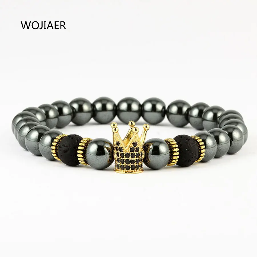 

WOJIAER Natural Stone Bead Hematite Bracelets for Women Men Black Love Jewelry With Stones Crown Meditation Bracelet ZBM120