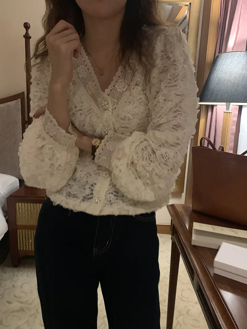 Женская кружевная блузка элегантная винтажная рубашка с длинным рукавом и