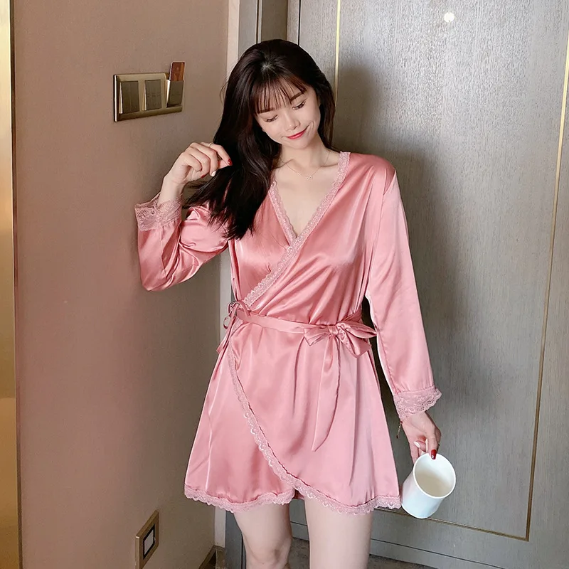 Spring Summer 2021 New Women's Robe Elastic Satin Sexy Nightgown Lace Bathrobe Home Dress Morning Gown Sleepwear Japanese Kimono