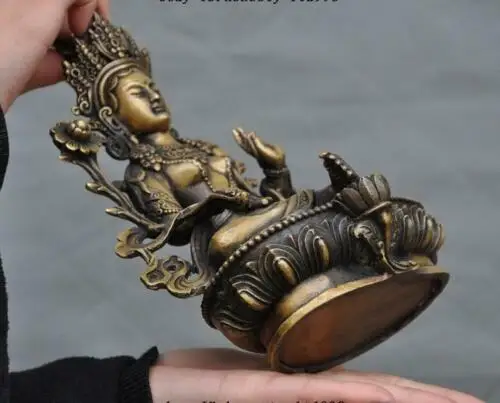 

9" Old Tibet Buddhism Bronze Green Tara Goddess Kwan-yin Guanyin Buddha Statue