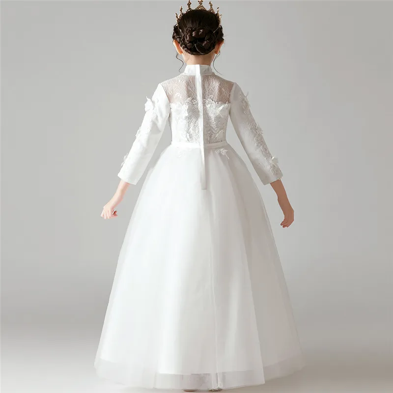 

2019Luxury New Girls Children Solid White Color Wedding Birthday Party Princess Mesh Dress Baby Kids Host Piano Pageants Dress