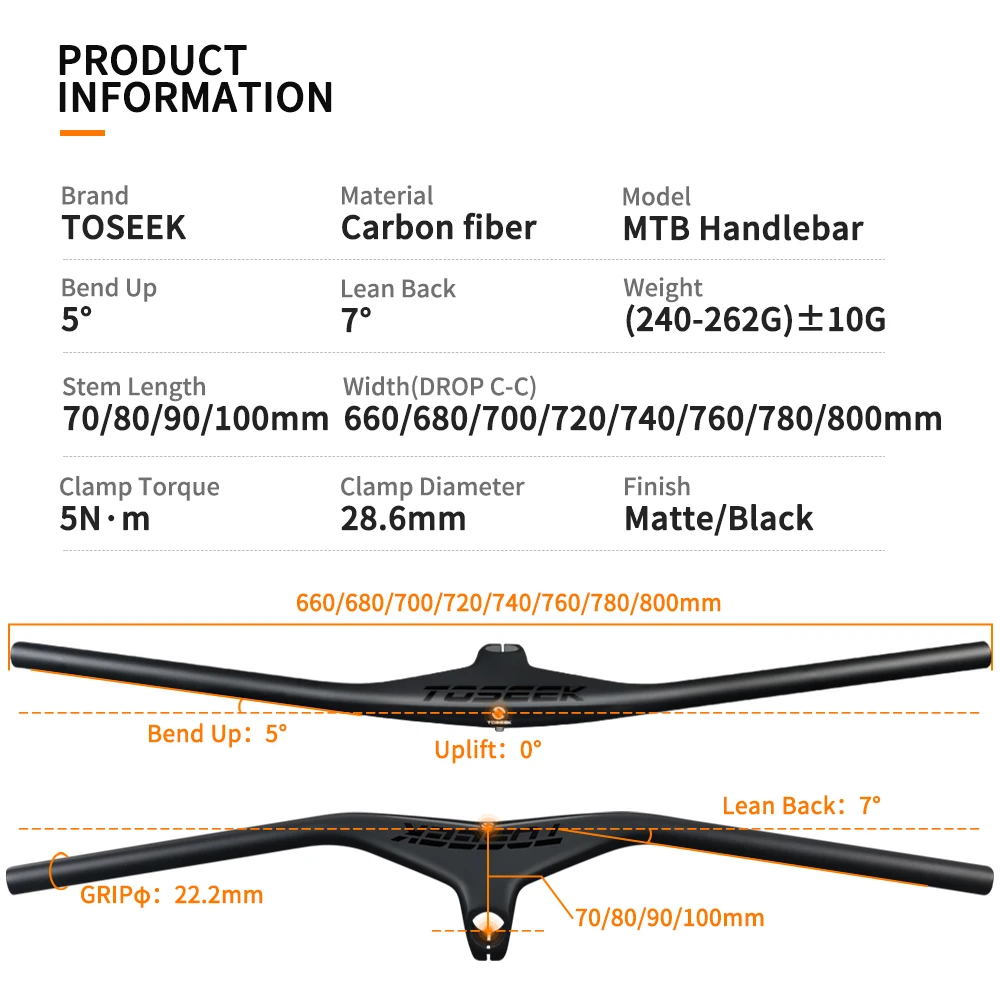 TOSEEK Mtb Handlebars And Stem 28.6mm-17Degree Carbon Integrated Handlebar For Mountain Bike 660~80070/80/90/100mm Bicycle Parts | Спорт и