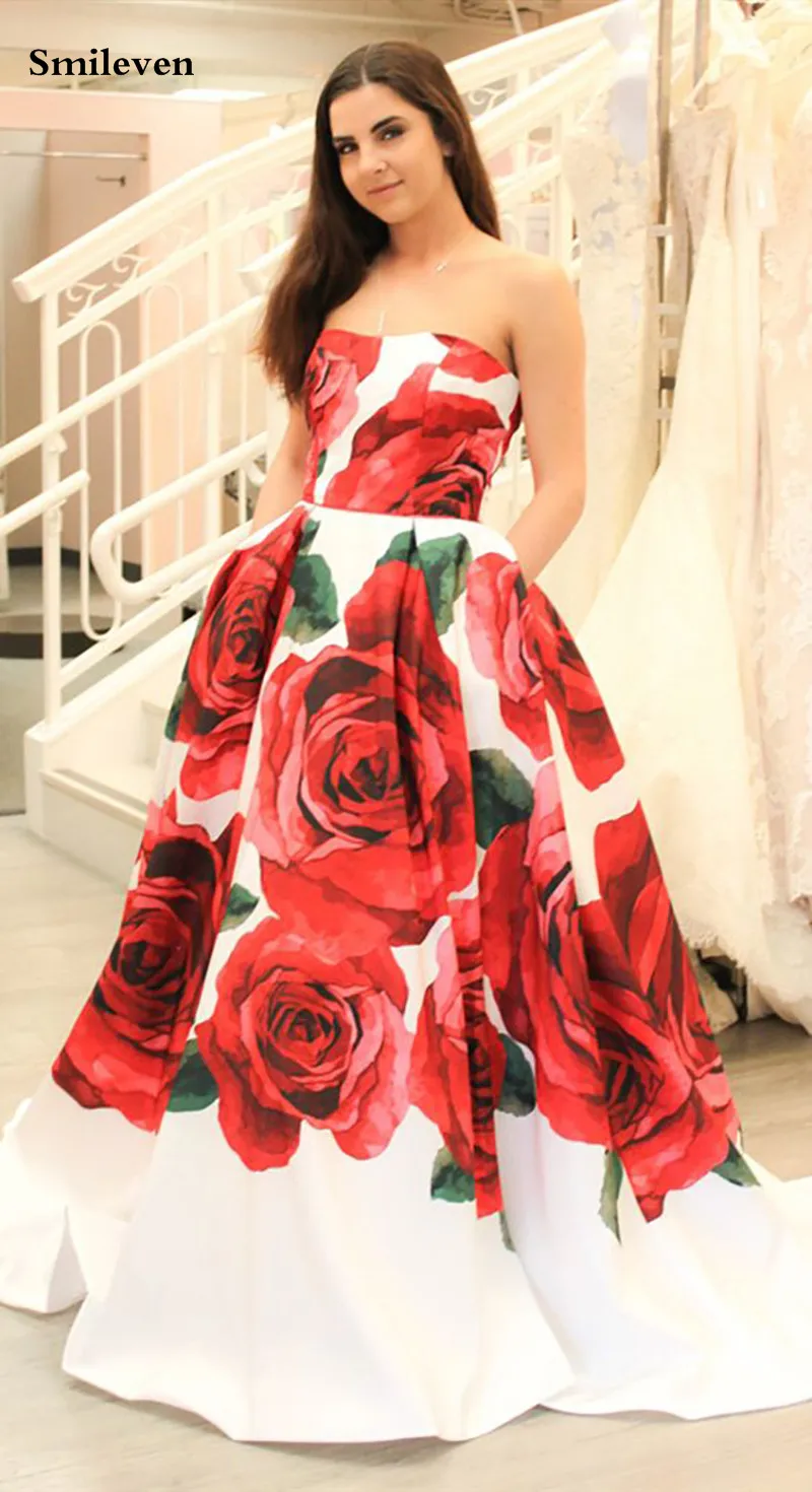 Smileven Strapless printing Rose Flowers Prom Gowns Sexy Sleeveless Party Dress Arabic Robe De Soiree Strapless Evening Gowns