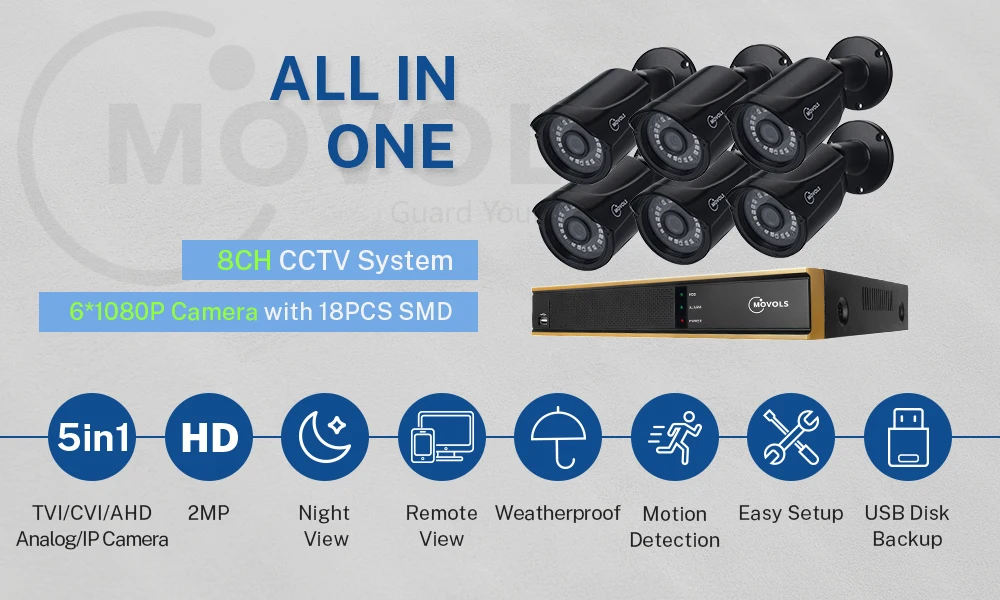 MOVOLS CCTV Наборы 6*2 Мп наружного наблюдения ИК камера видеонаблюдения 8CH H.264 видеонаблюдения Системы гибридный 5 в 1 DVR Наборы