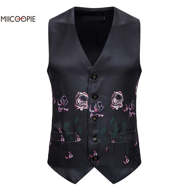 Однобортный жилет с принтом розы новая одежда жилеты для мужчин приталенный