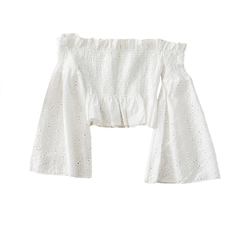 

Women Fashion Outdoor Casual Slash Neck Hollow Flare Sleeves Blouse Ladies OL Sweet Top Girls Student Elegant Daily Basic Shirts